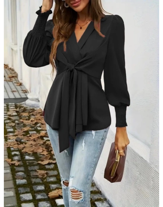 Kadın Uzun Kollu Kruvaze Yakalı önden Bağlamalı Ithal Krep Bluz