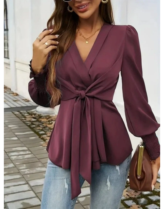 Kadın Uzun Kollu Kruvaze Yakalı önden Bağlamalı Ithal Krep Bluz