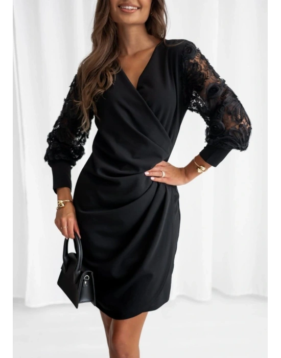 Kadın Uzun Kollu Kruvaze Yakalı önden çapraz Detaylı Kolları çiçek Dantel Detaylı Mini Ithal Krep Elbise
