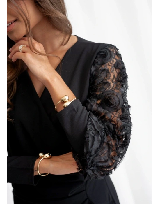 Kadın Uzun Kollu Kruvaze Yakalı önden çapraz Detaylı Kolları çiçek Dantel Detaylı Mini Ithal Krep Elbise