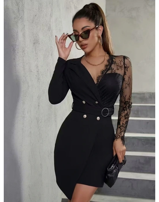 Kadın Uzun Kollu Kruvaze Yakalı önden Düğmeli Kısa Ithal Krep Elbise