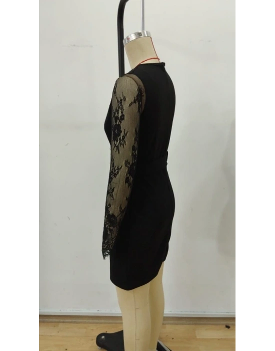 Kadın Uzun Kollu Kruvaze Yakalı önden Düğmeli Kısa Ithal Krep Elbise