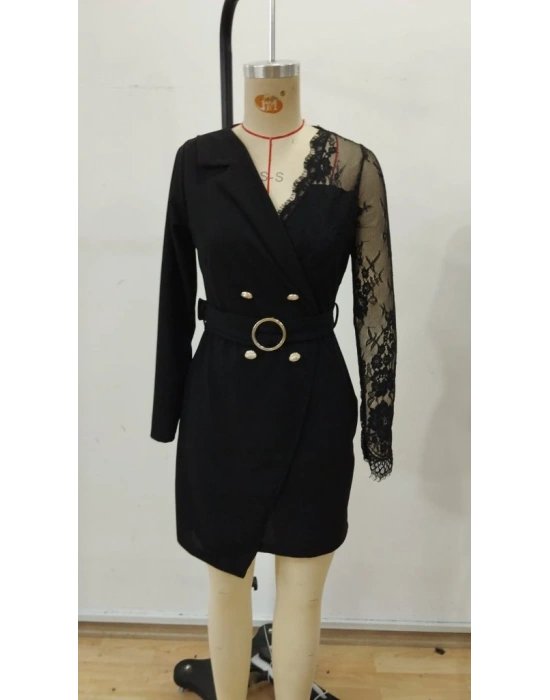 Kadın Uzun Kollu Kruvaze Yakalı önden Düğmeli Kısa Ithal Krep Elbise