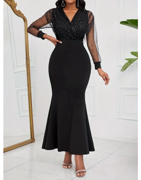 Kadın Uzun Kollu Kruvaze Yakalı Taş Ve Tül Detaylı Uzun Ithal Krep Elbise