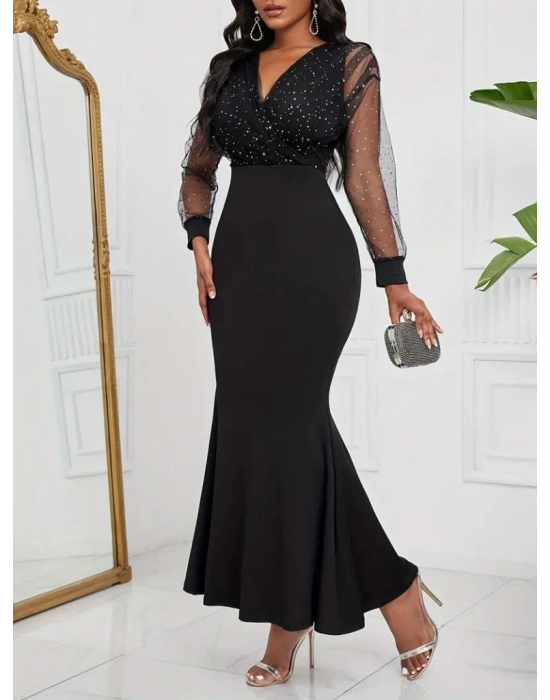 Kadın Uzun Kollu Kruvaze Yakalı Taş Ve Tül Detaylı Uzun Ithal Krep Elbise