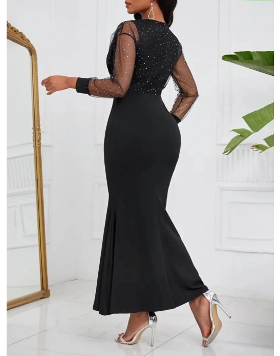 Kadın Uzun Kollu Kruvaze Yakalı Taş Ve Tül Detaylı Uzun Ithal Krep Elbise