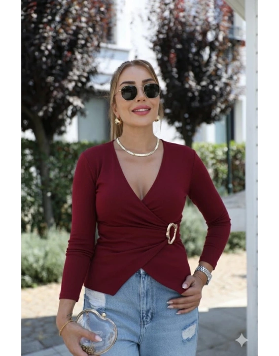 Kadın Uzun Kollu Kruvaze Yakalı Toka Detaylı Viskon Bluz