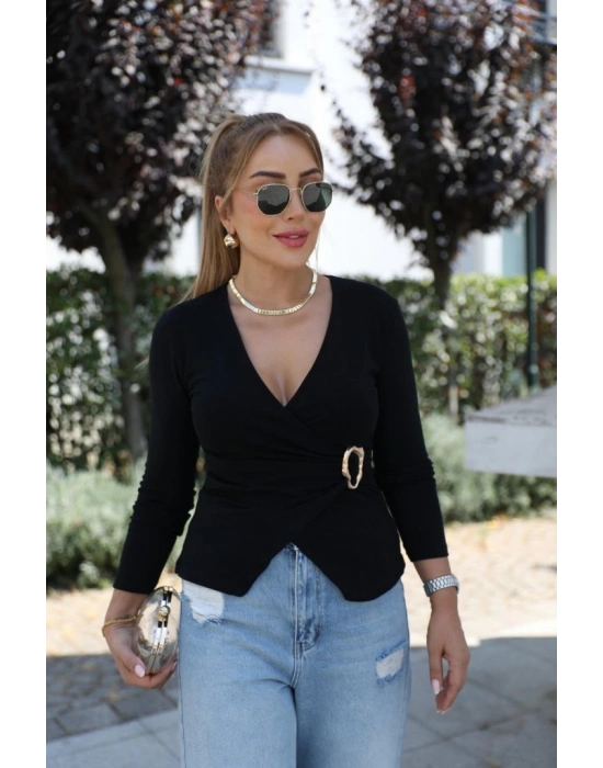 Kadın Uzun Kollu Kruvaze Yakalı Toka Detaylı Viskon Bluz