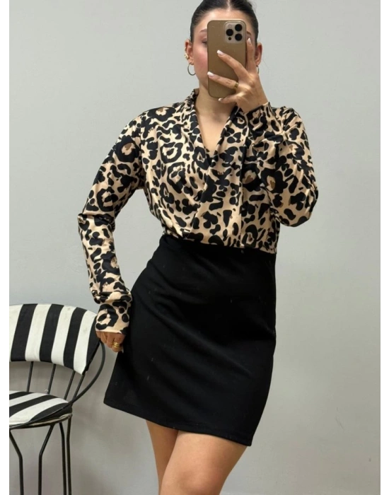 Kadın Uzun Kollu Kruvaze Yakalı üst Dalgıç Alt Ithal Krep Mini Elbise