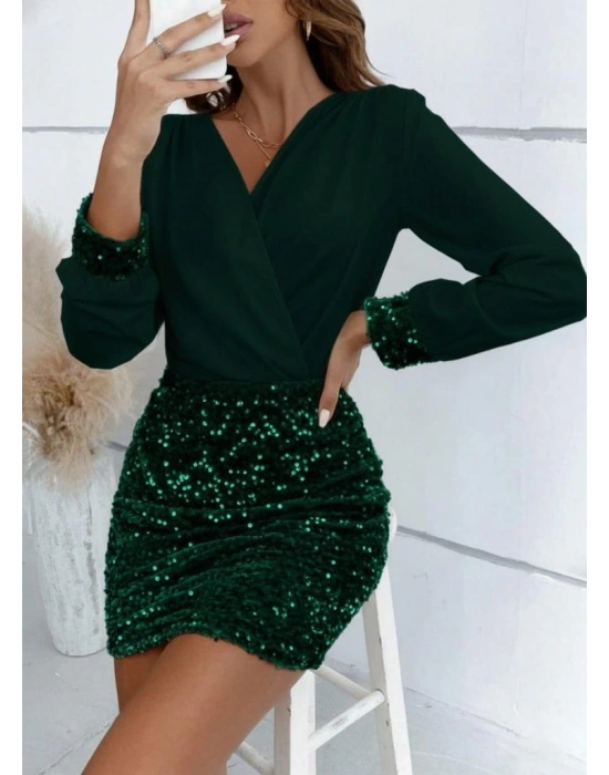 Kadın Uzun Kollu Kruvaze Yakalı üst Ithal Krep Alt Pulpayetli Mini Ithal Krep Elbise