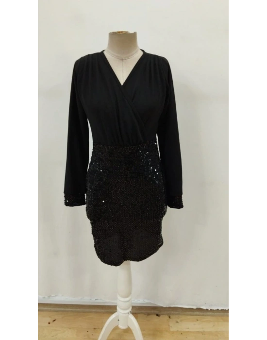 Kadın Uzun Kollu Kruvaze Yakalı üst Ithal Krep Alt Pulpayetli Mini Ithal Krep Elbise