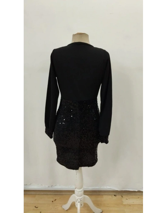 Kadın Uzun Kollu Kruvaze Yakalı üst Ithal Krep Alt Pulpayetli Mini Ithal Krep Elbise