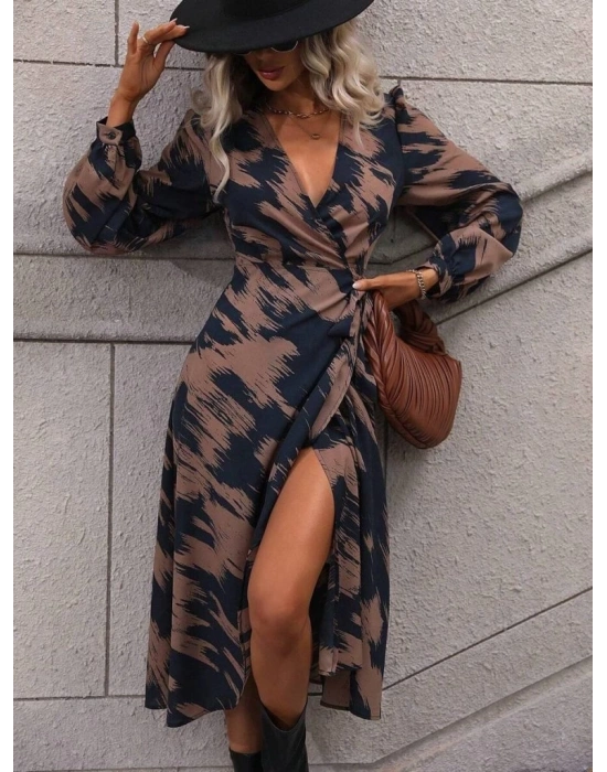 Kadın Uzun Kollu Kruvaze Yakalı Yandan Bağlamalı Desenli Mini Modal Elbise