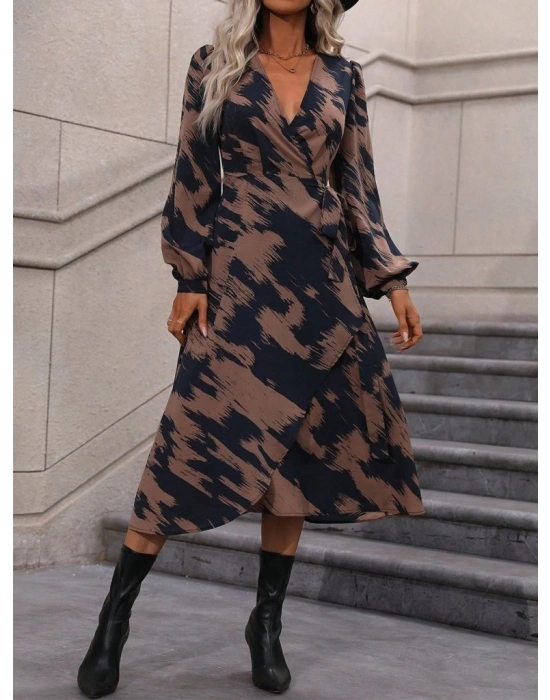 Kadın Uzun Kollu Kruvaze Yakalı Yandan Bağlamalı Desenli Mini Modal Elbise