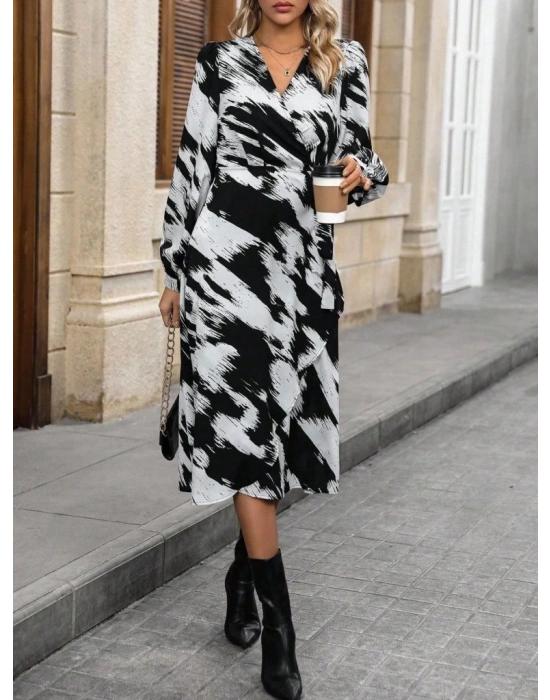 Kadın Uzun Kollu Kruvaze Yakalı Yandan Bağlamalı Desenli Mini Modal Elbise