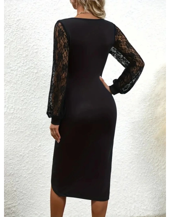 Kadın Uzun Kollu Kruvaze Yakalı Yandan Büzgülü çapraz Kesim Detaylı Midi Ithal Krep Elbise