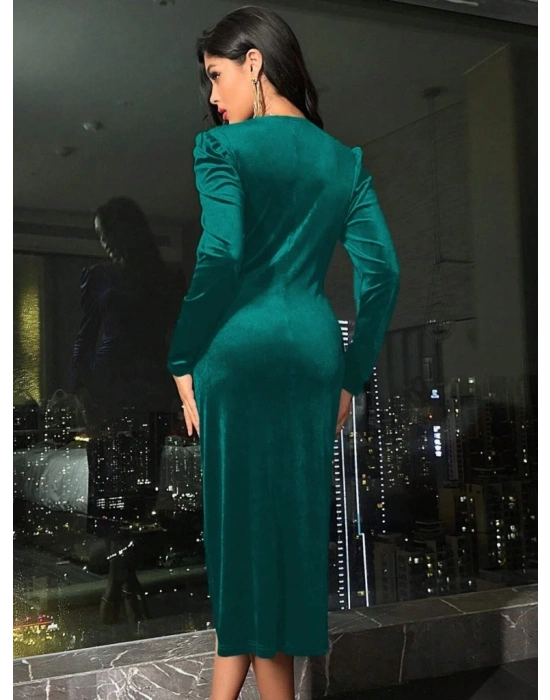 Kadın Uzun Kollu Kruvaze Yakalı Yandan Büzgülü Midi Kadife Elbise