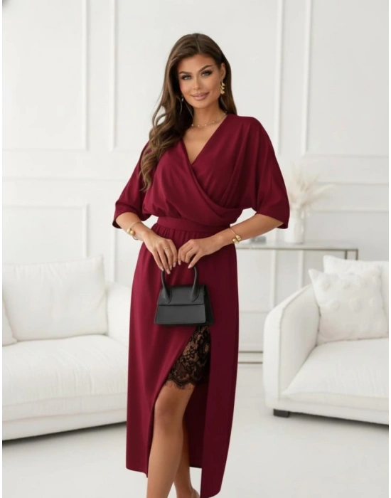 Kadın Uzun Kollu Kruvaze Yakalı Yandan Dantelli Midi Ithal Krep Elbise