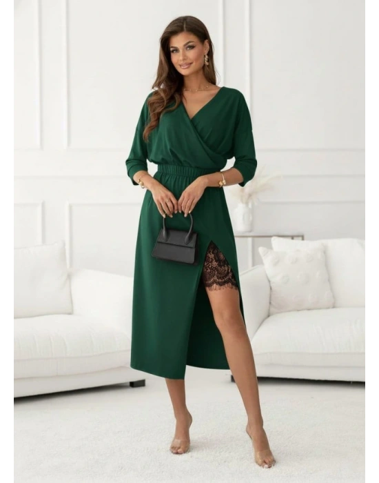 Kadın Uzun Kollu Kruvaze Yakalı Yandan Dantelli Midi Ithal Krep Elbise