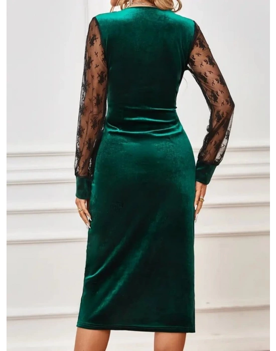 Kadın Uzun Kollu Kruvaze Yakalı Yandan Düğmeli önden çapraz Kesin Detaylı Midi Kadife Elbise