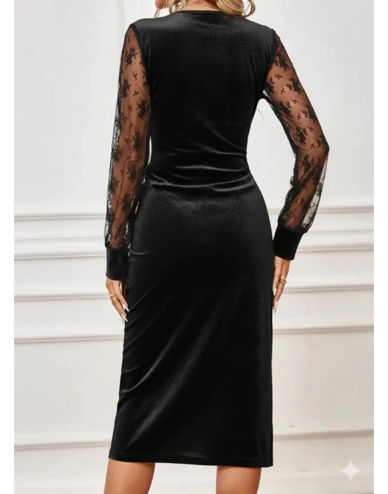 Kadın Uzun Kollu Kruvaze Yakalı Yandan Düğmeli önden çapraz Kesin Detaylı Midi Kadife Elbise