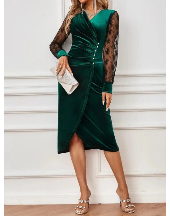 Kadın Uzun Kollu Kruvaze Yakalı Yandan Düğmeli önden çapraz Kesin Detaylı Midi Kadife Elbise