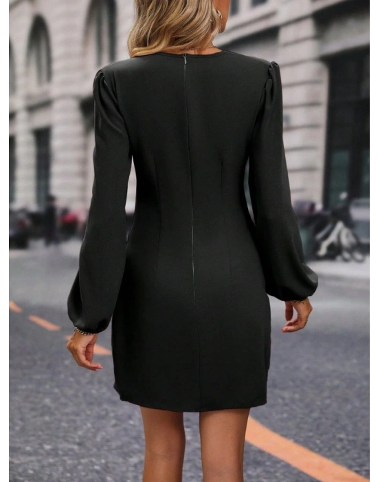 Kadın Uzun Kollu Kruvaze Yakalı Yanlardan Büzgü Detaylı Ithal Krep Kısa Elbise