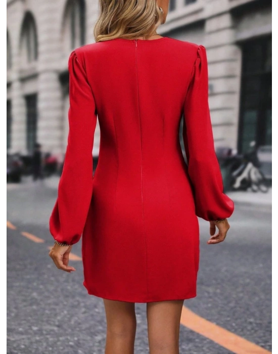 Kadın Uzun Kollu Kruvaze Yakalı Yanlardan Büzgü Detaylı Ithal Krep Kısa Elbise