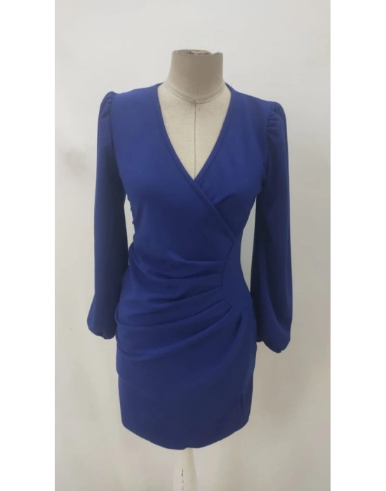 Kadın Uzun Kollu Kruvaze Yakalı Yanlardan Büzgü Detaylı Ithal Krep Kısa Elbise