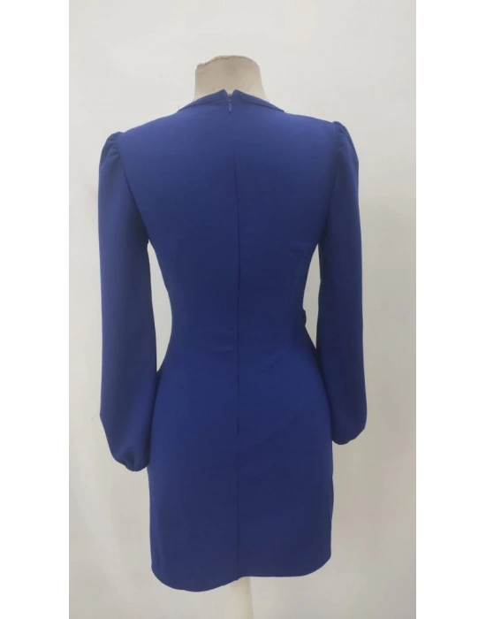 Kadın Uzun Kollu Kruvaze Yakalı Yanlardan Büzgü Detaylı Ithal Krep Kısa Elbise