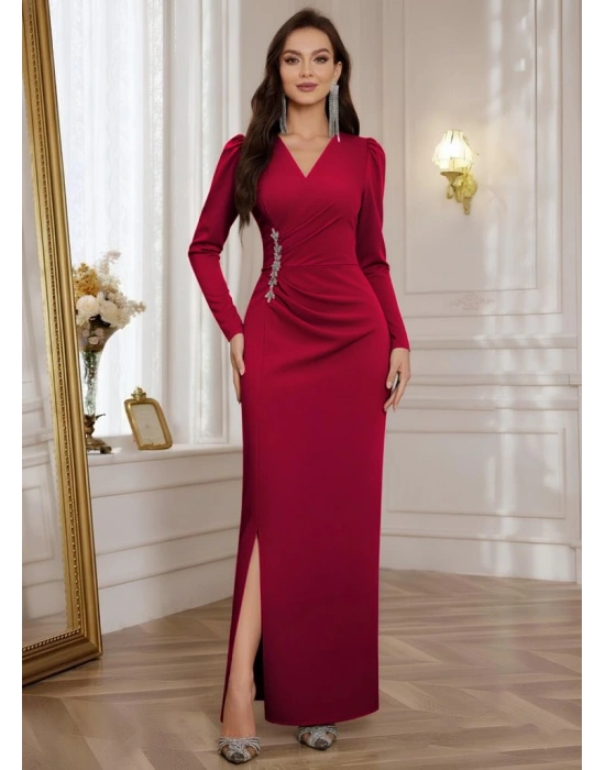 Kadın Uzun Kollu Kruvaze Yakalı Yanları Taşlı Yırtmaçlı Uzun Ithal Krep Elbise