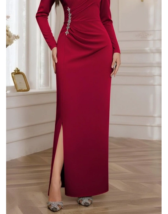 Kadın Uzun Kollu Kruvaze Yakalı Yanları Taşlı Yırtmaçlı Uzun Ithal Krep Elbise