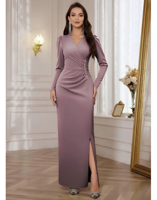 Kadın Uzun Kollu Kruvaze Yakalı Yanları Taşlı Yırtmaçlı Uzun Ithal Krep Elbise