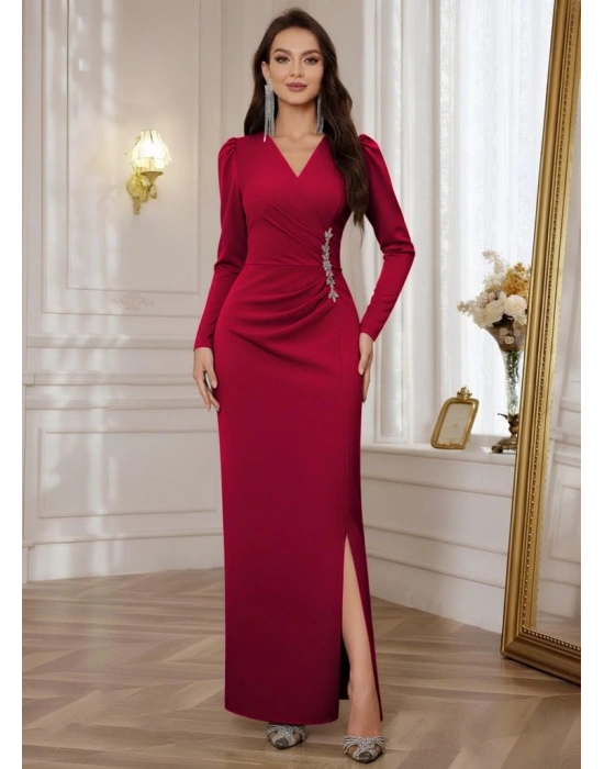Kadın Uzun Kollu Kruvaze Yakalı Yanları Taşlı Yırtmaçlı Uzun Ithal Krep Elbise