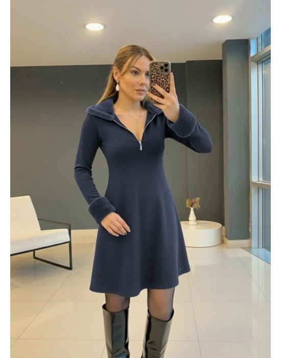 Kadın Uzun Kollu Kürk Yakalı Fermuarlı Mini Viskon Iki Iplik Elbise