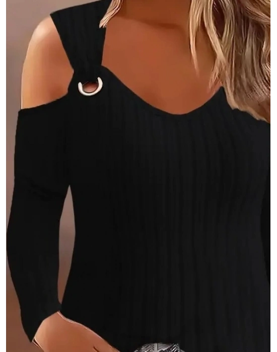 Kadın Uzun Kollu Kuş Gözü Detay Omuz Dekoltesi şardonlu Kaşkorse Bluz