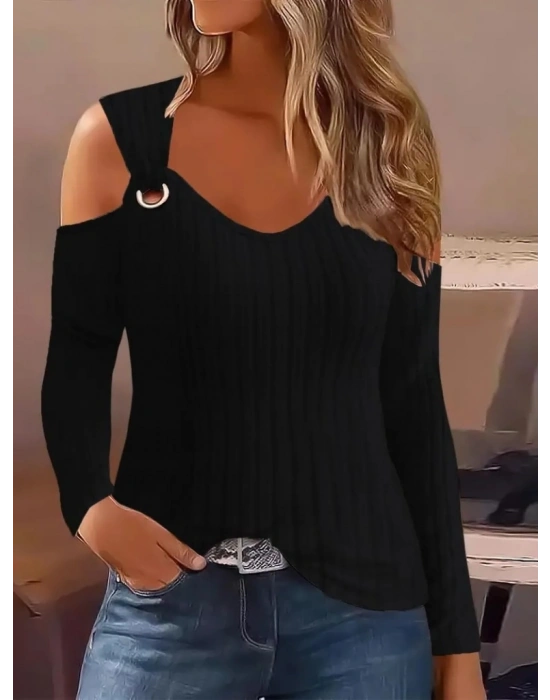 Kadın Uzun Kollu Kuş Gözü Detay Omuz Dekoltesi şardonlu Kaşkorse Bluz