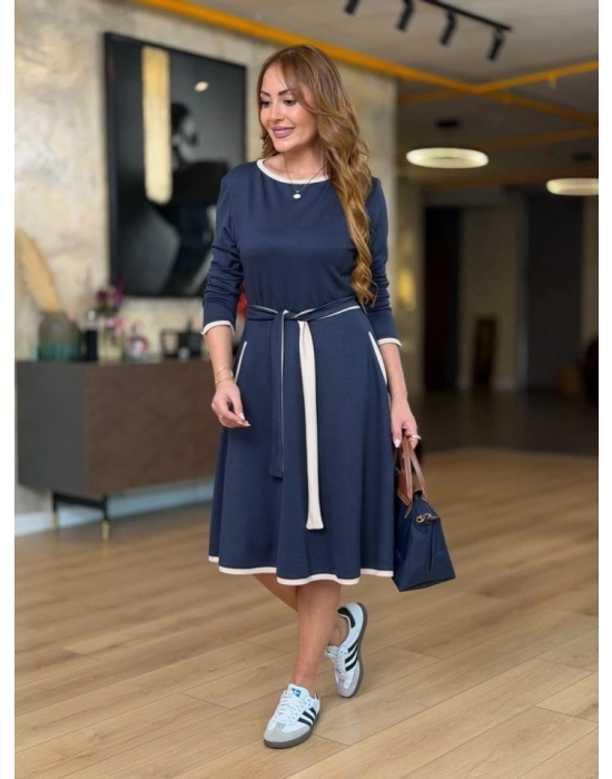 Kadın Uzun Kollu Kuşak Dahil Midi Boy Lbise