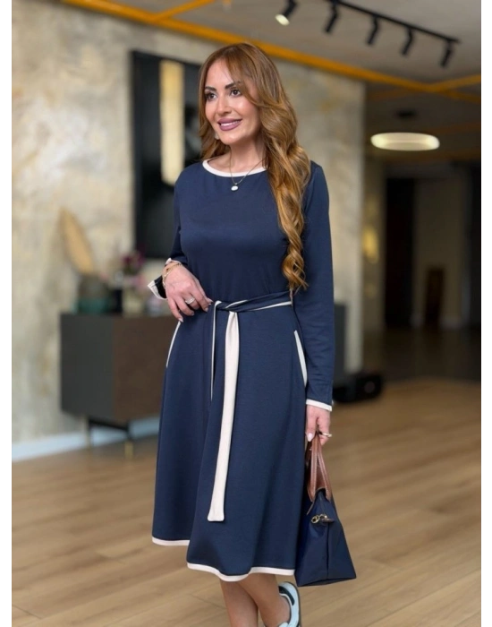 Kadın Uzun Kollu Kuşak Dahil Midi Boy Lbise