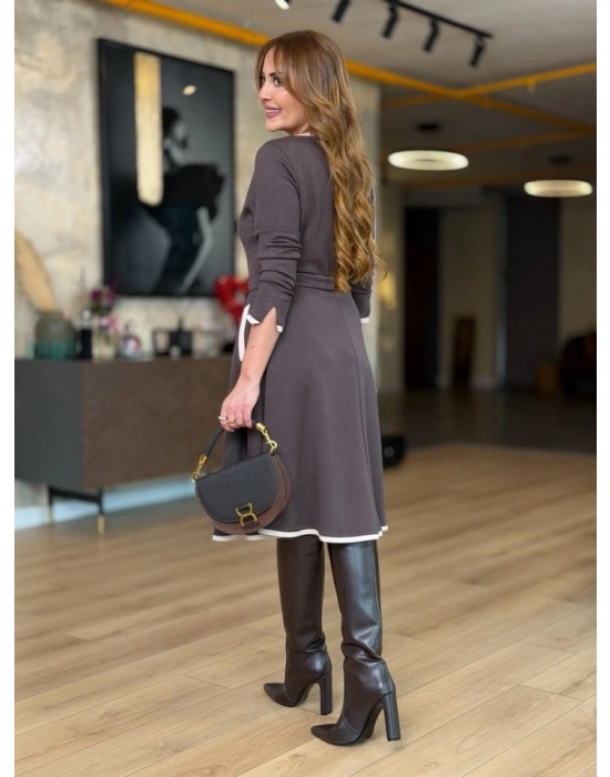 Kadın Uzun Kollu Kuşak Dahil Midi Boy Lbise