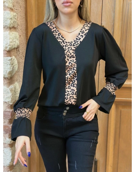 Kadın Uzun Kollu Leopar V Yakalı Krep Bluz
