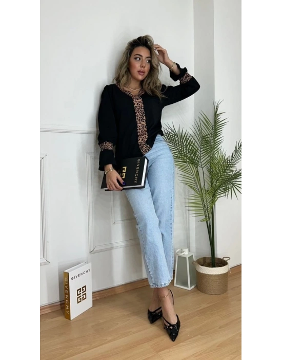 Kadın Uzun Kollu Leopar V Yakalı Krep Bluz