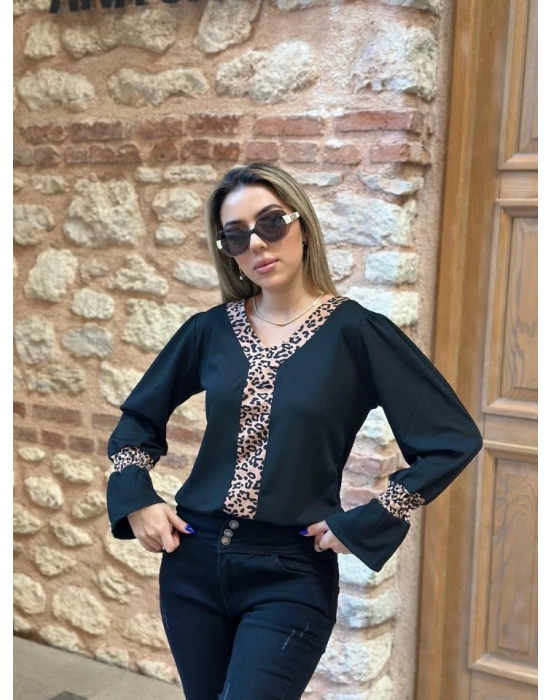 Kadın Uzun Kollu Leopar V Yakalı Krep Bluz