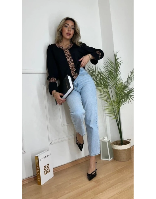 Kadın Uzun Kollu Leopar V Yakalı Krep Bluz