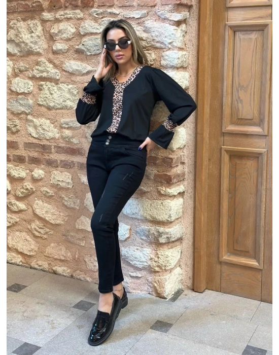 Kadın Uzun Kollu Leopar V Yakalı Krep Bluz