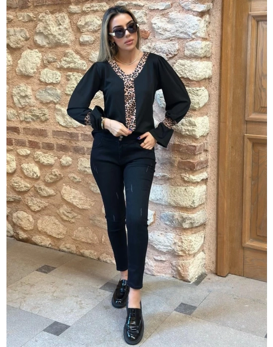 Kadın Uzun Kollu Leopar V Yakalı Krep Bluz