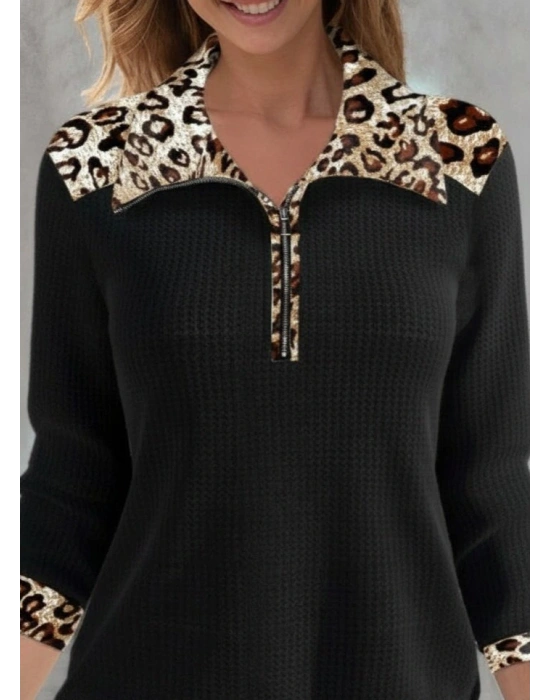 Kadın Uzun Kollu Leopar Yakalı Fermuarlı Waffle Bluz