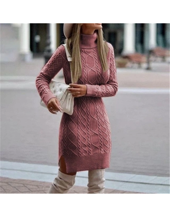 Kadın Uzun Kollu Loren Yünlü Motifli Midi Boy Triko Elbise