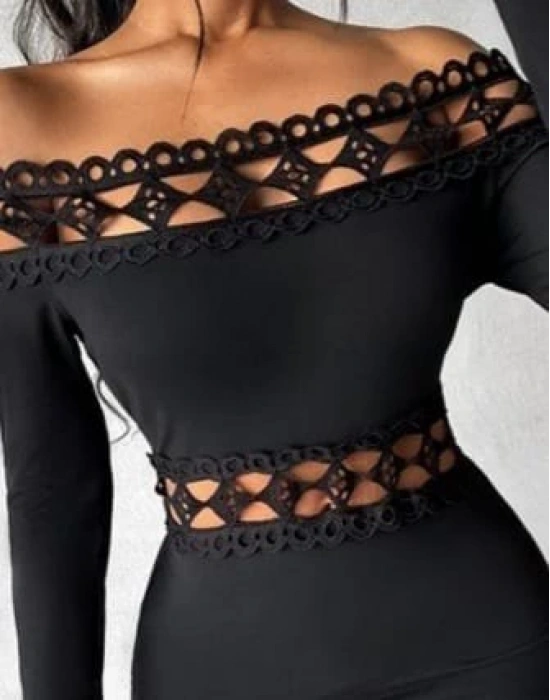 Kadın Uzun Kollu Madonna Dantel Yaka Yırtmaçlı Midi Dalgıç Elbise