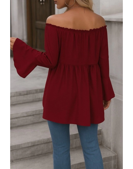 Kadın Uzun Kollu Madonna Yaka Asimetrik Detaylı Kolları Ispanyol Viskon Bluz